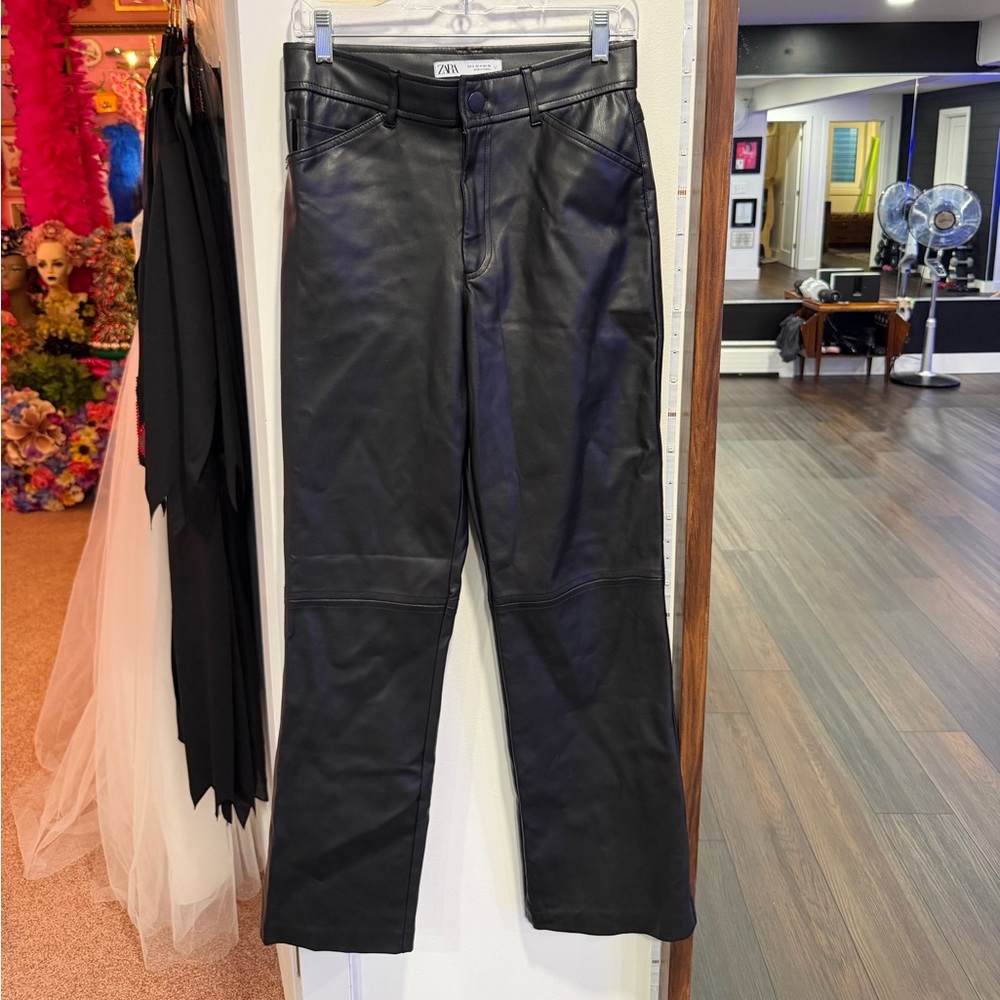 ZARA Black Faux Leather Straight-Leg Pants